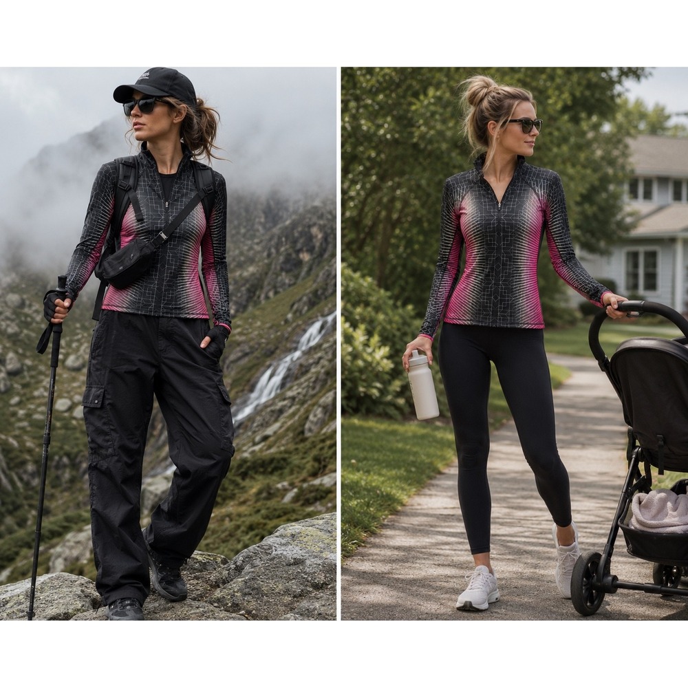 Nike Pro Dri-FIT‎ Half Zip Compression Running Top Black Pink Geometric Womens S